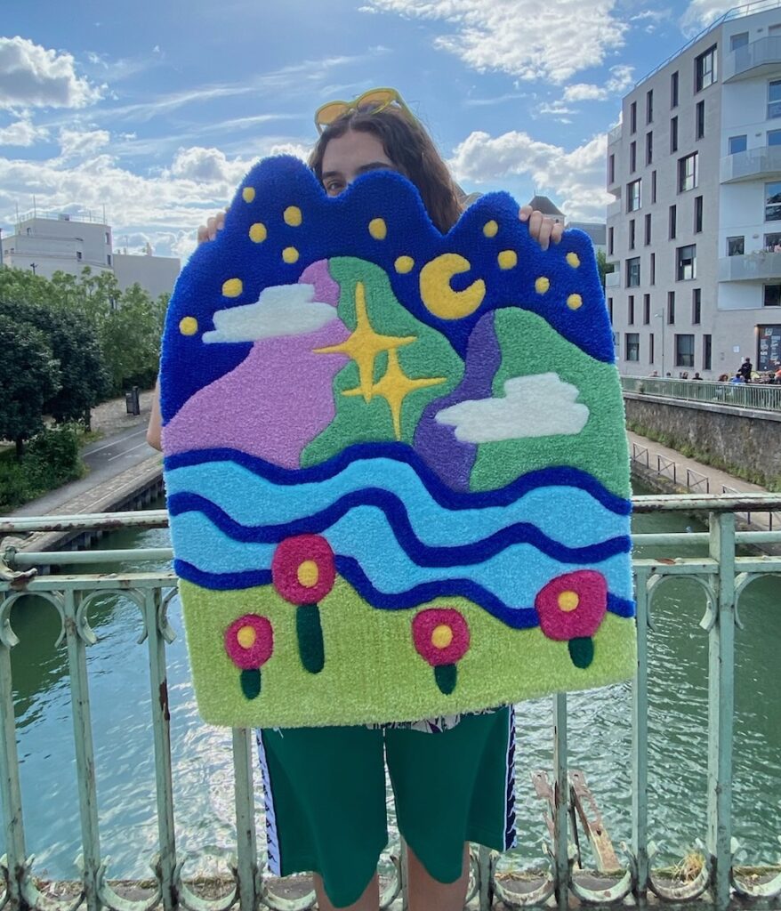 tapis tapisserie tufting montagne fleur mer rivière couleurs colline nuages étoiles lune ciel