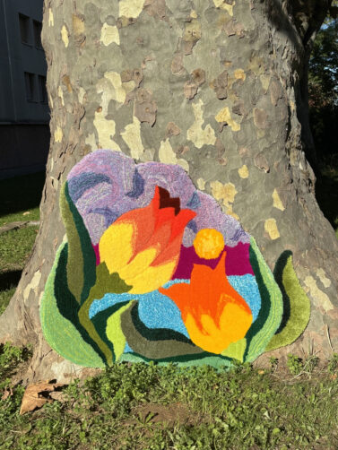 tapis tapisserie tufting art textile fleurs coucher de soleil mer